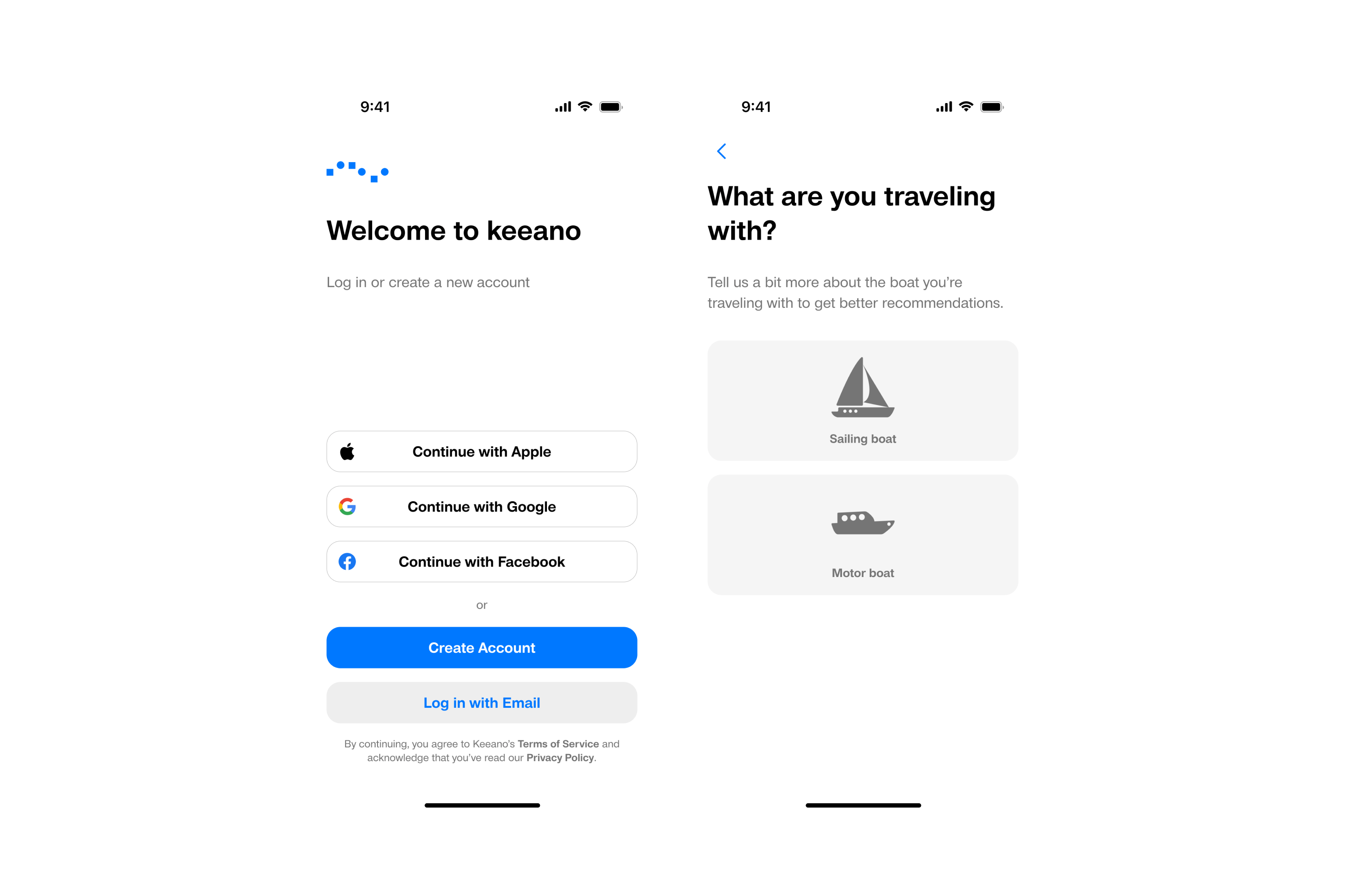Keeano Boating App - Onboarding Welcome Screens with Motor or Sail Boat Type Selection
